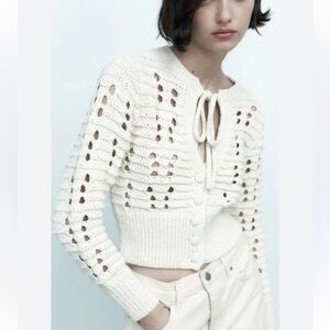Zara Ivory Openwork Cropped Cardigan with Tie Front